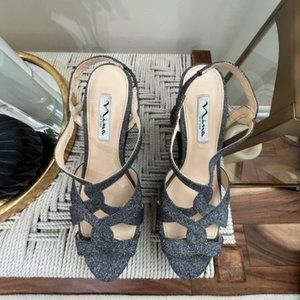 NINA blue sparkle wedge party dress shoes 7